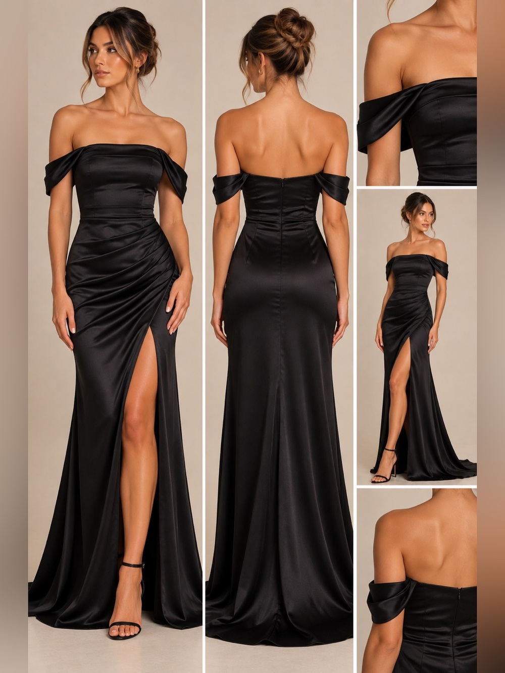 Lulus Black Satin Off Shoulder Ruched Maxi Formal Dress Small